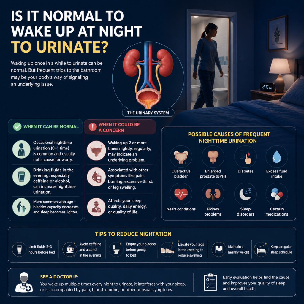 Medical infographic illustrating the urinary system and explaining whether waking up at night to urinate is normal, common causes of nighttime urination, warning signs, and tips for better bladder health.
