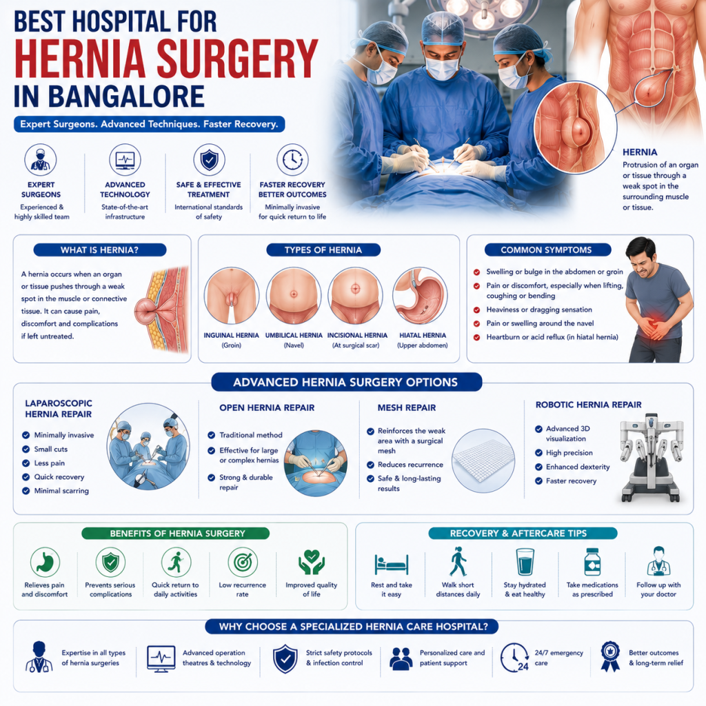 Medical infographic illustrating different types of hernias, common symptoms, advanced hernia surgery options, and recovery guidance with anatomical abdominal illustrations.