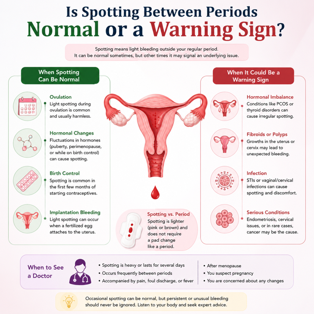 Medical infographic showing the female reproductive system and explaining common causes of spotting between periods, warning signs, and situations when medical evaluation is recommended.