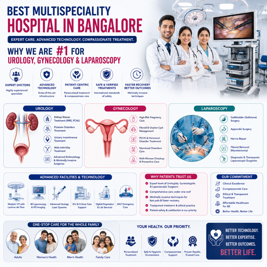 image - Shirdi Sai Hospital Medical infographic showcasing multispeciality healthcare services with illustrations of the urinary system, female reproductive system, laparoscopic surgery, and key specialties including urology, gynecology, and general surgery.