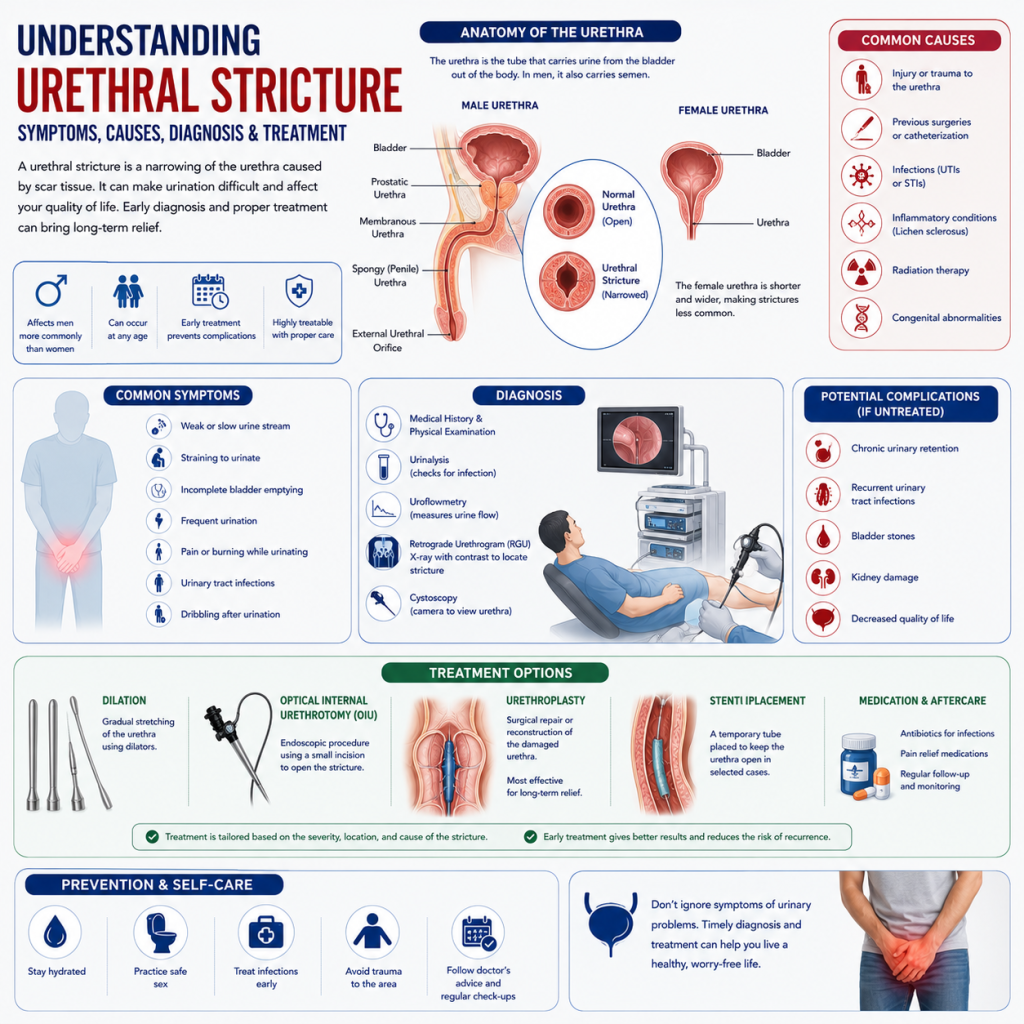 Medical infographic illustrating urethral stricture with anatomical diagrams of the male and female urinary tract, common symptoms, causes, diagnostic tests, treatment options, and prevention tips.