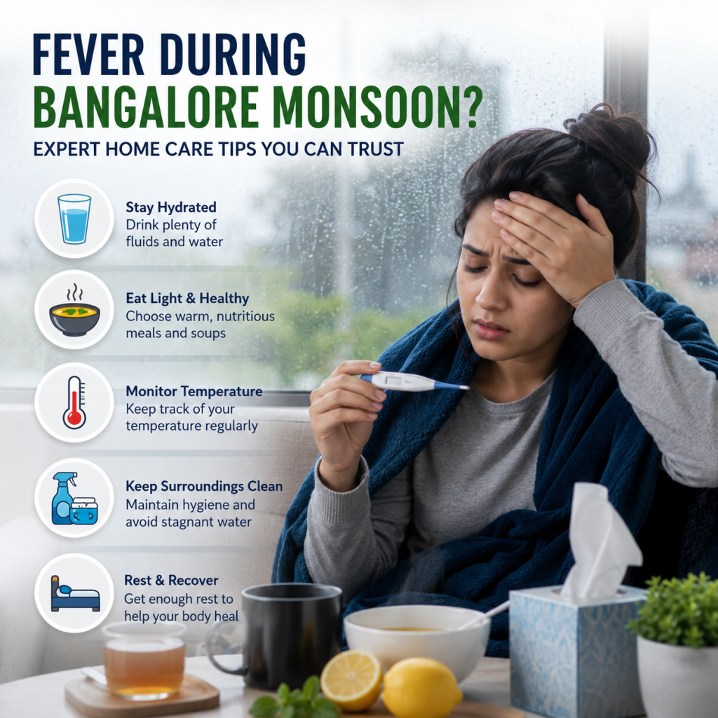 Illustration of a person with fever during Bangalore's monsoon season, showing trusted home care tips such as staying hydrated, eating nutritious meals, monitoring body temperature, maintaining hygiene, and getting adequate rest.