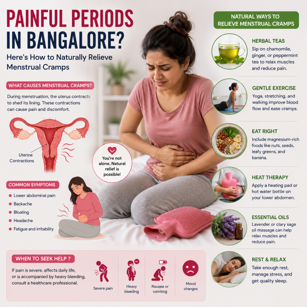 Educational infographic showing a woman experiencing menstrual cramps, an anatomical illustration of the uterus, common symptoms, and natural remedies such as heat therapy, herbal tea, exercise, healthy nutrition, and rest for relieving painful periods.