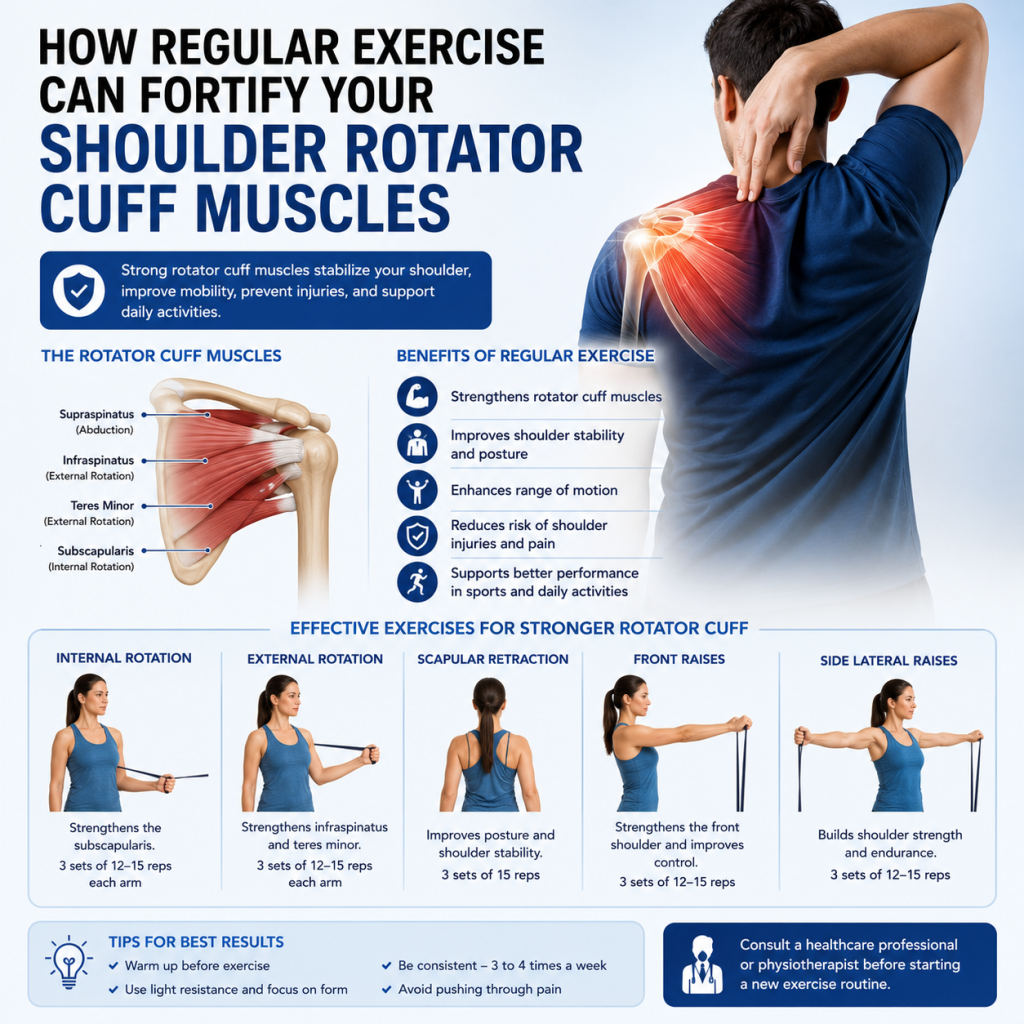 Medical infographic showing the shoulder rotator cuff anatomy with strengthening exercises, highlighting muscle groups, exercise techniques, and the benefits of regular exercise for improving shoulder stability and preventing injuries.