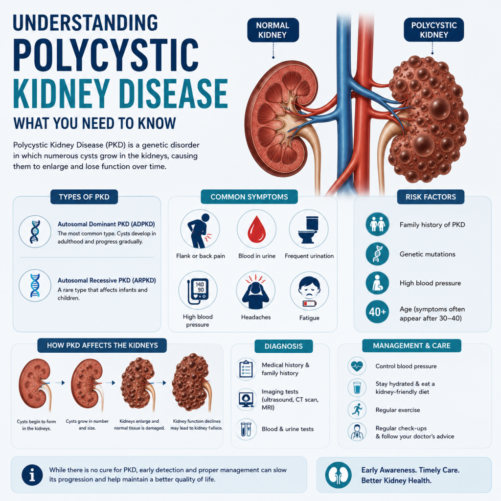 Medical infographic comparing a normal kidney with a polycystic kidney, illustrating kidney cysts, common symptoms, risk factors, diagnosis, and management of Polycystic Kidney Disease (PKD).