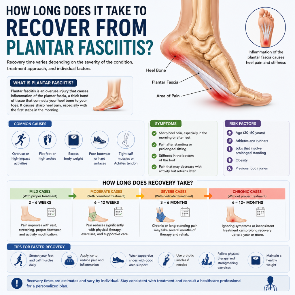 Medical infographic illustrating plantar fasciitis with an anatomical diagram of the foot, showing inflammation of the plantar fascia, common symptoms, recovery timeline, and treatment tips for faster healing.