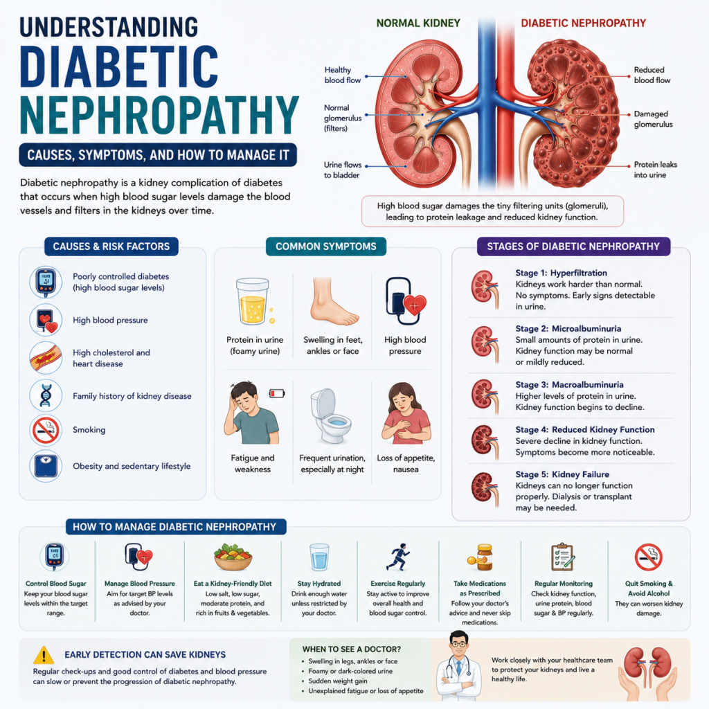 Medical infographic comparing a healthy kidney with a kidney affected by diabetic nephropathy, illustrating kidney damage, common symptoms, disease stages, and management strategies for diabetic kidney disease.