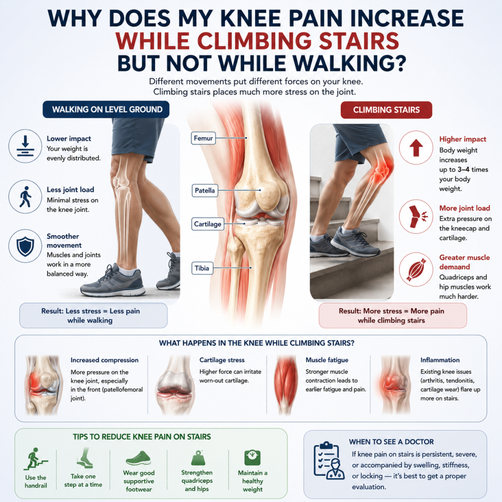 Medical infographic comparing walking and climbing stairs, showing an anatomical knee joint with increased pressure on the kneecap during stair climbing, common causes of knee pain, and tips for reducing discomfort.
