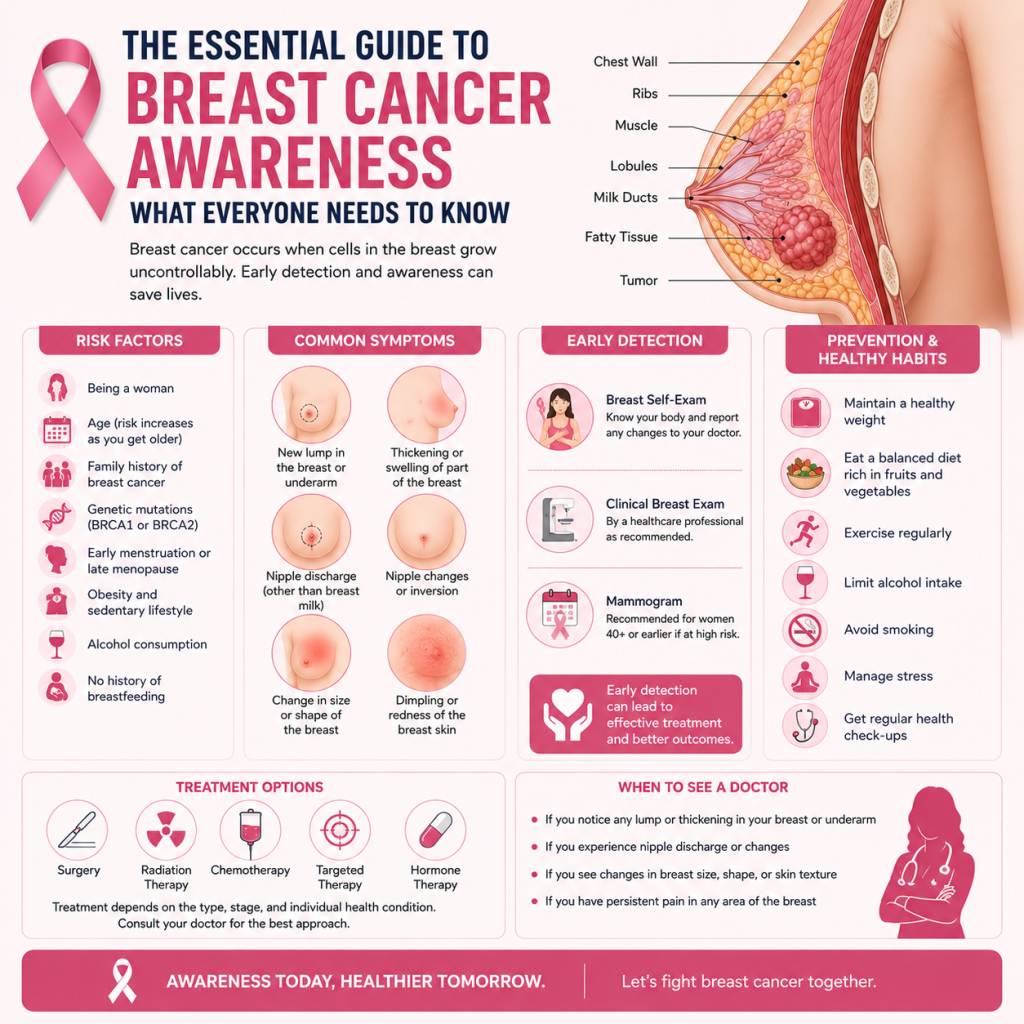 Educational infographic on breast cancer awareness featuring a breast anatomy illustration, common symptoms, risk factors, early detection methods, healthy lifestyle tips, and treatment options.