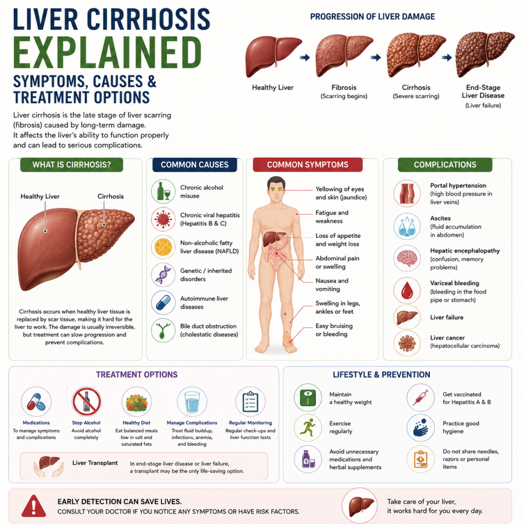Medical infographic illustrating liver cirrhosis with anatomical liver diagrams, showing disease progression, common symptoms, causes, complications, treatment options, and lifestyle measures for liver health.
