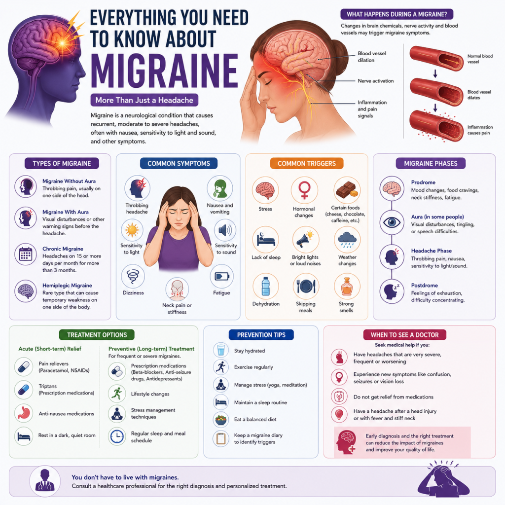 Medical infographic explaining migraine with an anatomical brain illustration, common symptoms, triggers, migraine phases, treatment options, prevention tips, and guidance on when to seek medical care.