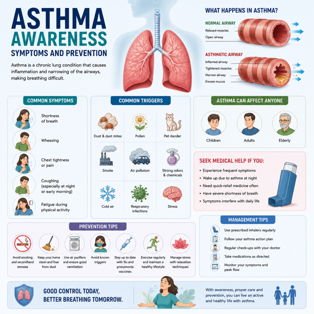 Medical infographic illustrating asthma with lung anatomy, comparison of normal and inflamed airways, common symptoms, triggers, prevention tips, asthma management, and inhaler use.