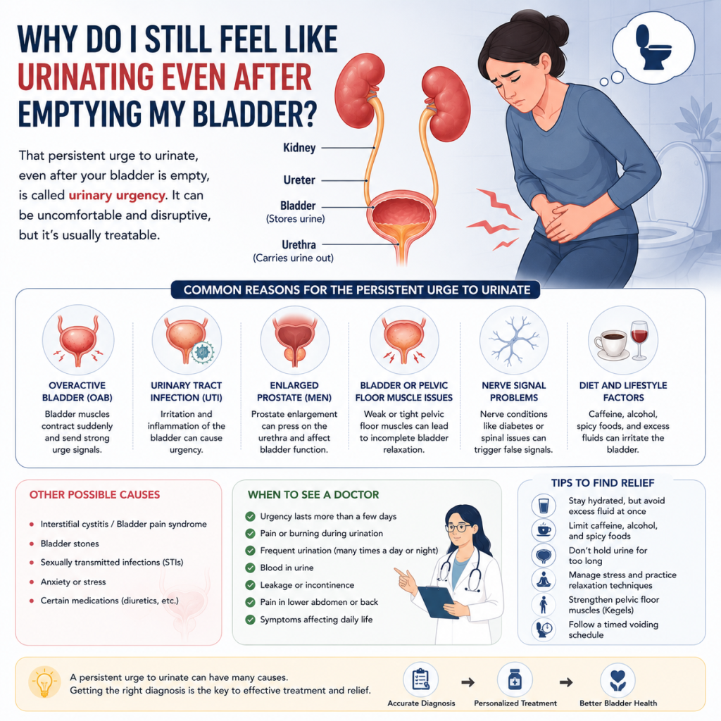 Medical infographic illustrating the urinary system and explaining why a person may still feel the urge to urinate after emptying the bladder, including common causes, warning signs, and treatment tips.