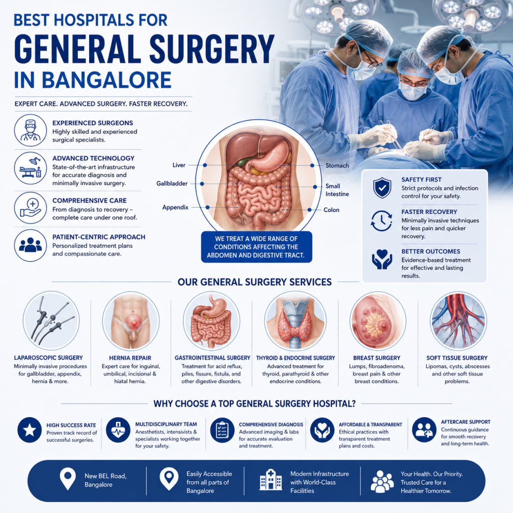 Medical infographic highlighting advanced general surgery services in Bangalore with an anatomical illustration of the digestive system, common surgical procedures, and the benefits of choosing a specialized general surgery hospital.