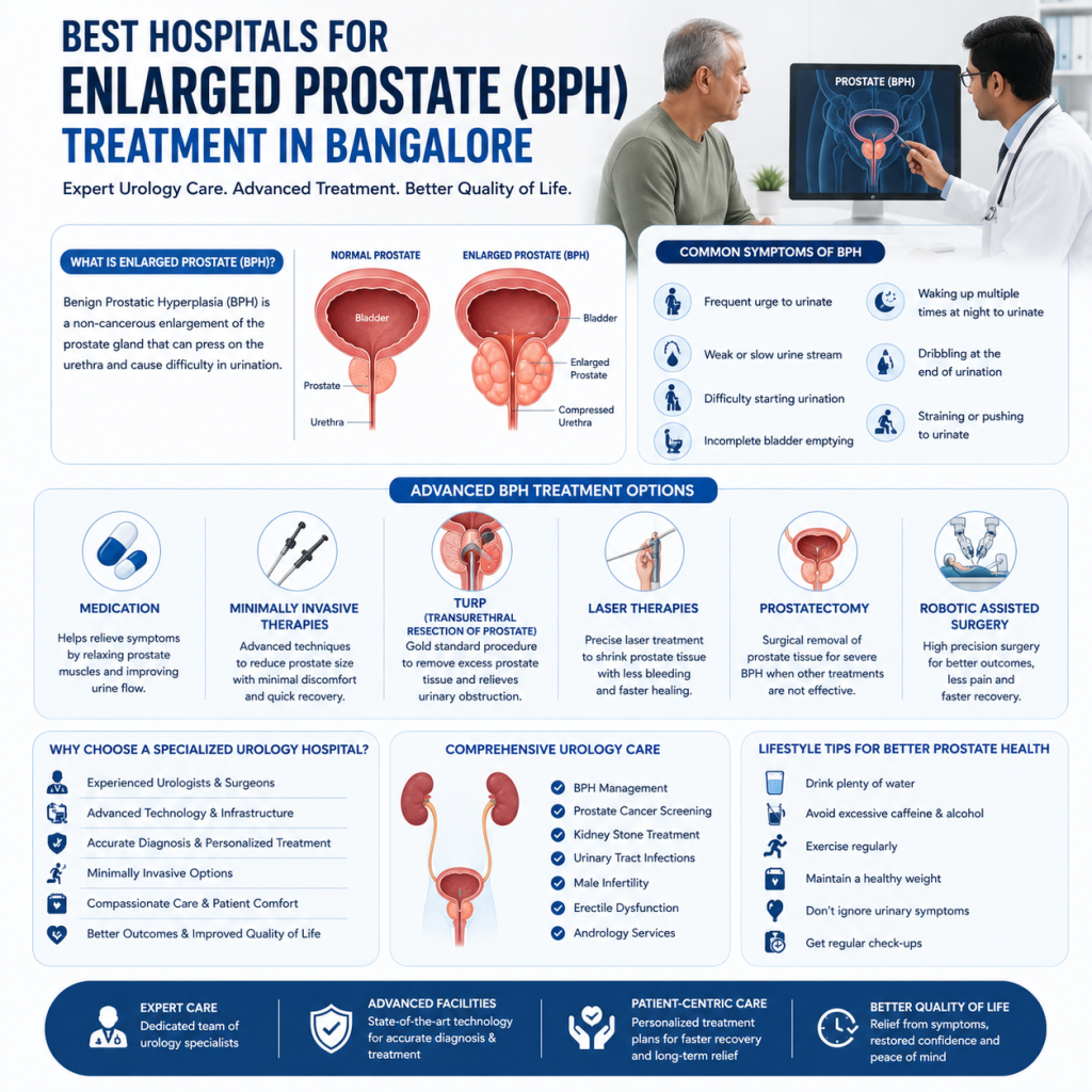 Medical infographic illustrating benign prostatic hyperplasia (BPH), comparing a normal prostate with an enlarged prostate, highlighting common symptoms, treatment options, and prostate health tips.