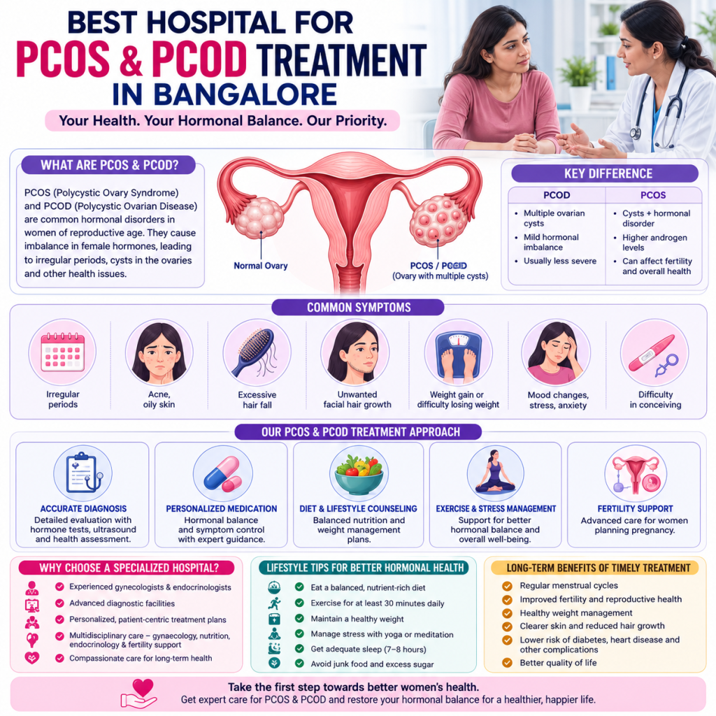 Medical infographic illustrating the female reproductive system and explaining PCOS and PCOD, including symptoms, differences, treatment options, and lifestyle recommendations for better hormonal health.