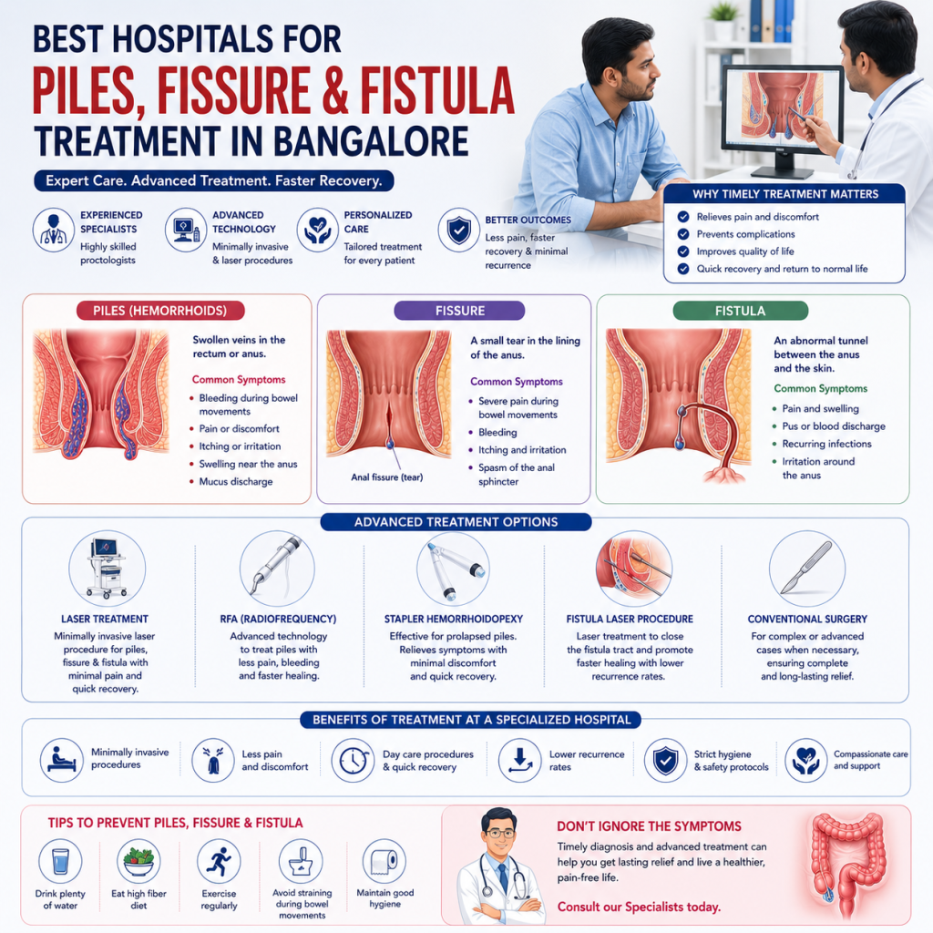 Medical infographic explaining piles, anal fissures, and fistulas with anatomical illustrations, common symptoms, advanced treatment options, and preventive measures for anorectal conditions.