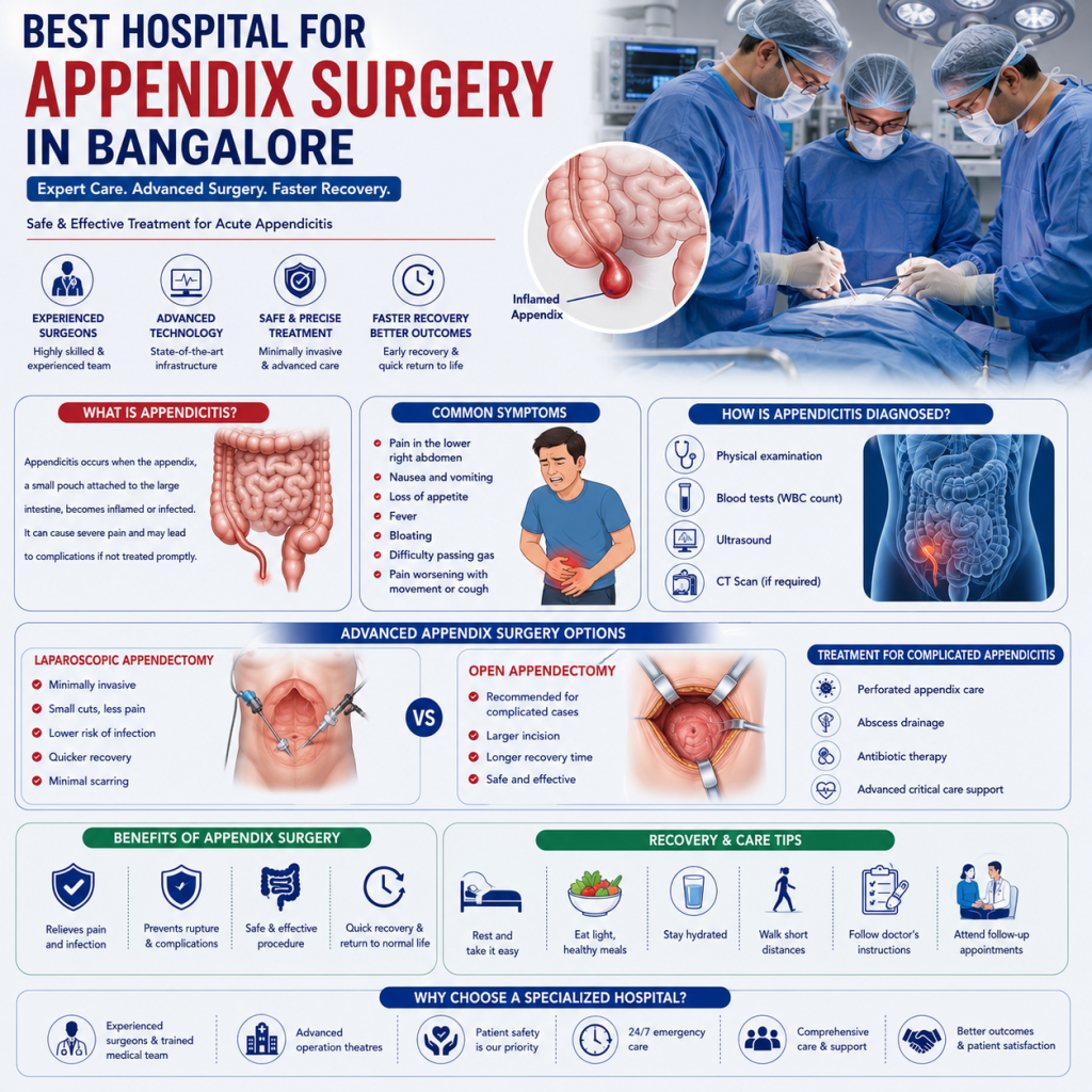 image - Shirdi Sai Hospital Medical infographic illustrating appendicitis and appendix surgery with an anatomical view of the appendix, common symptoms, diagnostic methods, surgical options, and recovery guidance.