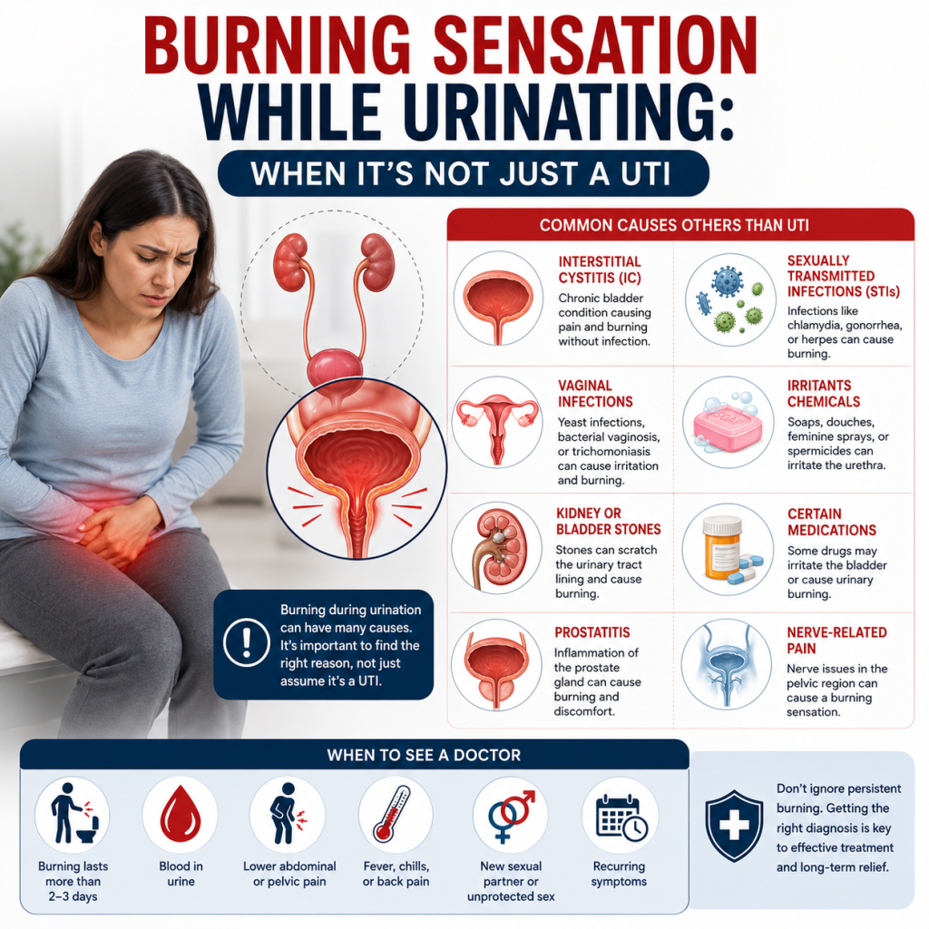 Medical infographic explaining that a burning sensation while urinating is not always caused by a urinary tract infection (UTI), highlighting alternative causes such as sexually transmitted infections, vaginal infections, kidney stones, interstitial cystitis, medications, irritants, and warning signs that require medical evaluation.
