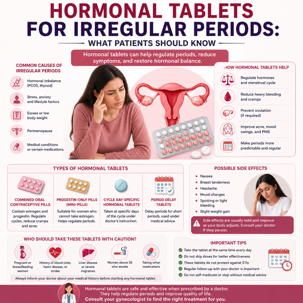 Medical infographic explaining hormonal tablets for irregular periods, featuring the female reproductive system, common causes of irregular menstrual cycles, types of hormonal medications, potential side effects, precautions, and guidance for safe use.
