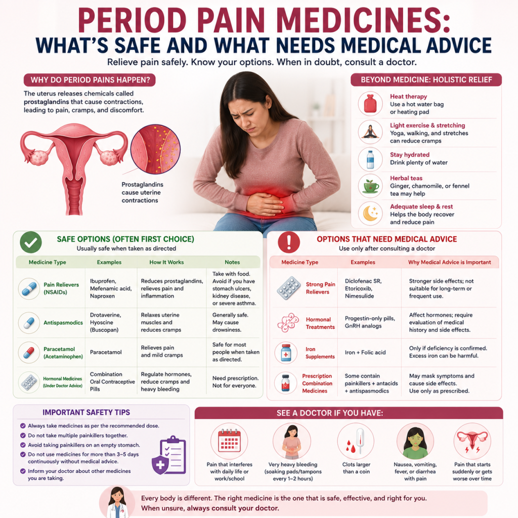 Medical infographic explaining period pain medicines, comparing safe treatment options with medications that require medical supervision, along with self-care measures, safety tips, and warning signs that need a doctor's evaluation.