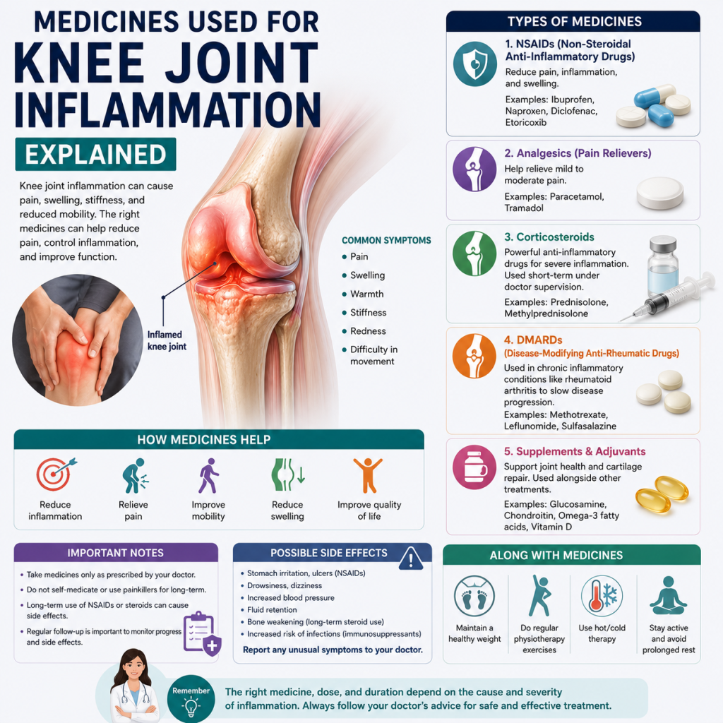 Medical infographic explaining medicines used for knee joint inflammation, showing an inflamed knee joint, common symptoms, different medication categories, their uses, possible side effects, and supportive lifestyle measures.