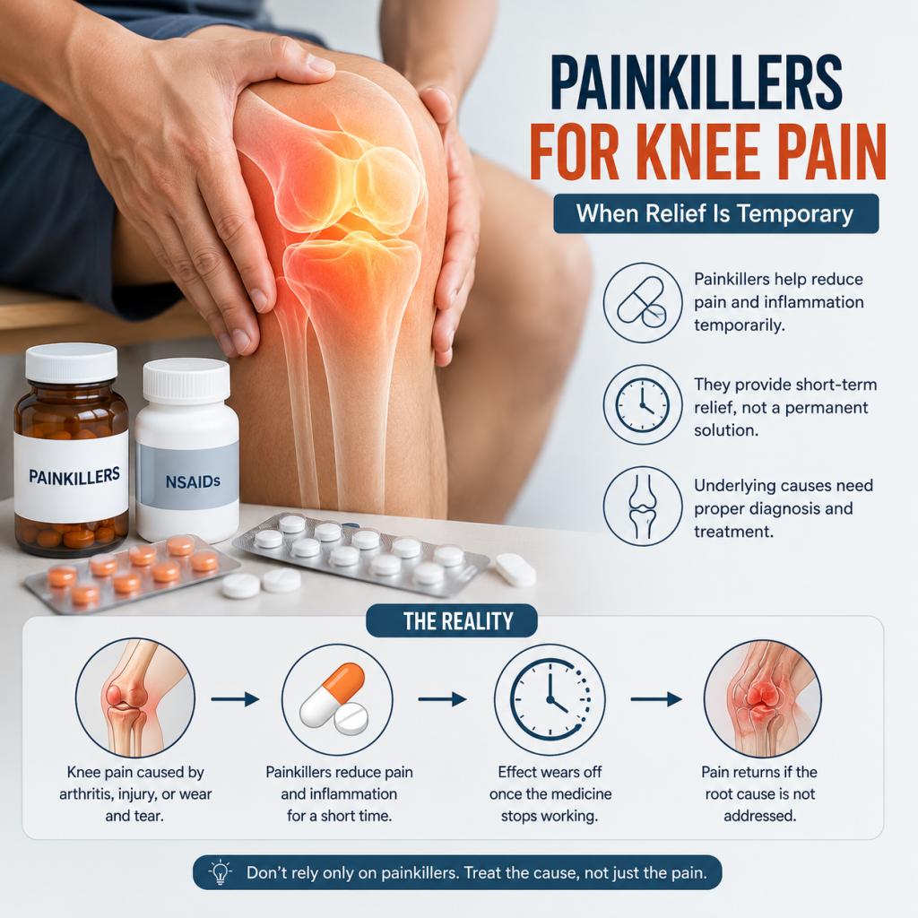 Illustration of a painful knee joint with an anatomical overlay, painkiller tablets, and a visual timeline explaining that painkillers provide temporary relief for knee pain but do not treat the underlying cause.