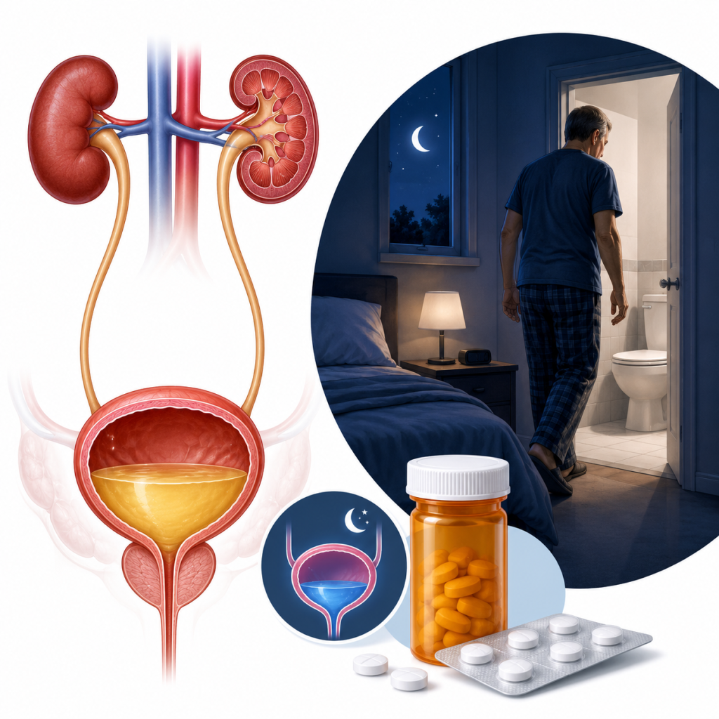 Medical illustration showing the urinary system, a man waking at night to use the bathroom, and tablets representing treatment for frequent nighttime urination.