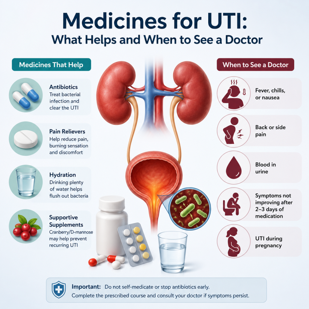 Illustration of the urinary tract showing the kidneys, ureters, and bladder with medicines used for urinary tract infections (UTIs), supportive care options, and warning signs that indicate when to see a doctor.