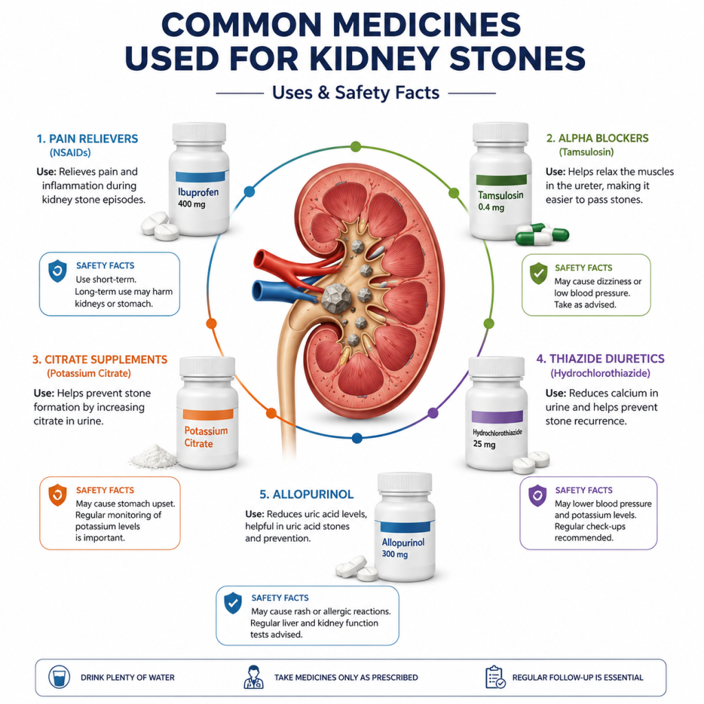 n anatomical infographic of a human kidney with kidney stones, surrounded by commonly prescribed medications for kidney stones, explaining their uses and important safety facts on a white background.