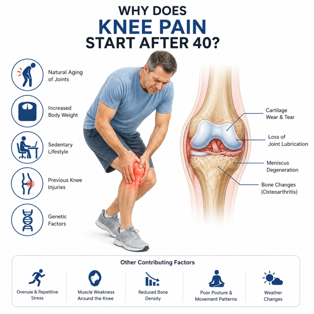 An anatomical infographic explaining why knee pain commonly starts after age 40, showing a person with knee pain, a detailed knee joint cross-section, and factors such as cartilage wear, osteoarthritis, weight gain, previous injuries, muscle weakness, and aging.