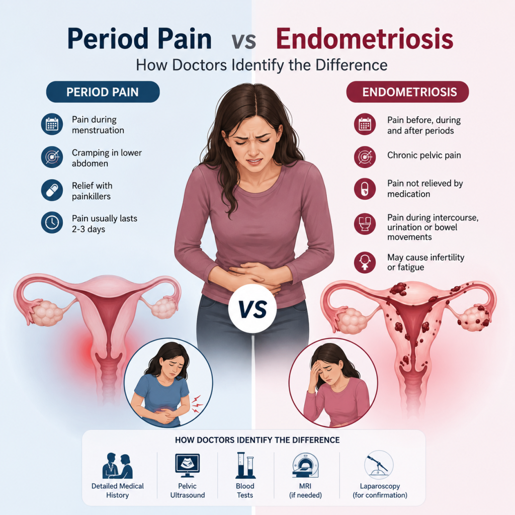 image - Shirdi Sai Hospital Medical infographic comparing period pain and endometriosis, showing the female reproductive system, common symptoms, and the diagnostic methods doctors use to distinguish between the two conditions.
