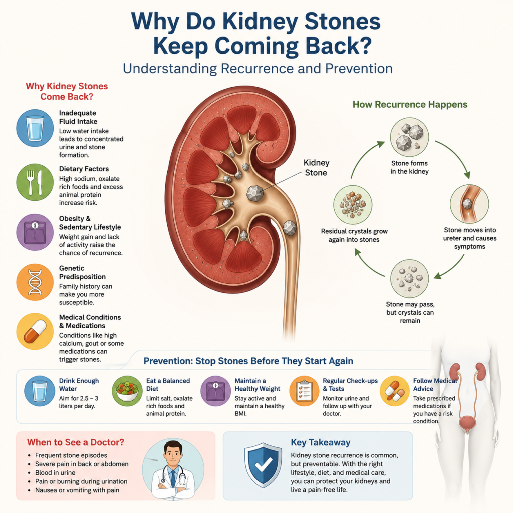 Medical infographic illustrating why kidney stones keep coming back, showing a detailed anatomical kidney with stones, the recurrence cycle, common causes, prevention tips, and warning signs that require medical attention.