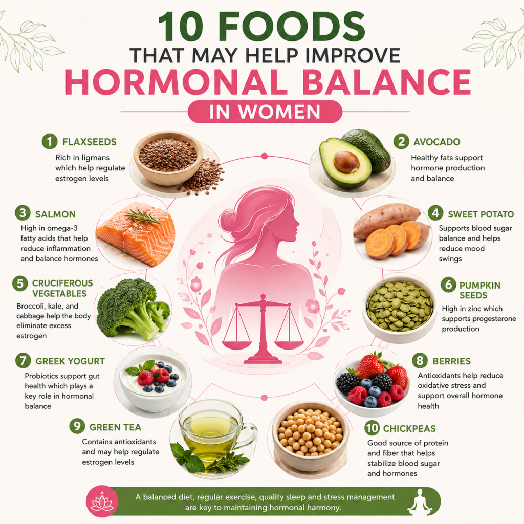Infographic showing 10 foods that may help improve hormonal balance in women, including flaxseeds, avocado, salmon, sweet potato, cruciferous vegetables, pumpkin seeds, Greek yogurt, berries, green tea, and chickpeas arranged around a female health illustration.