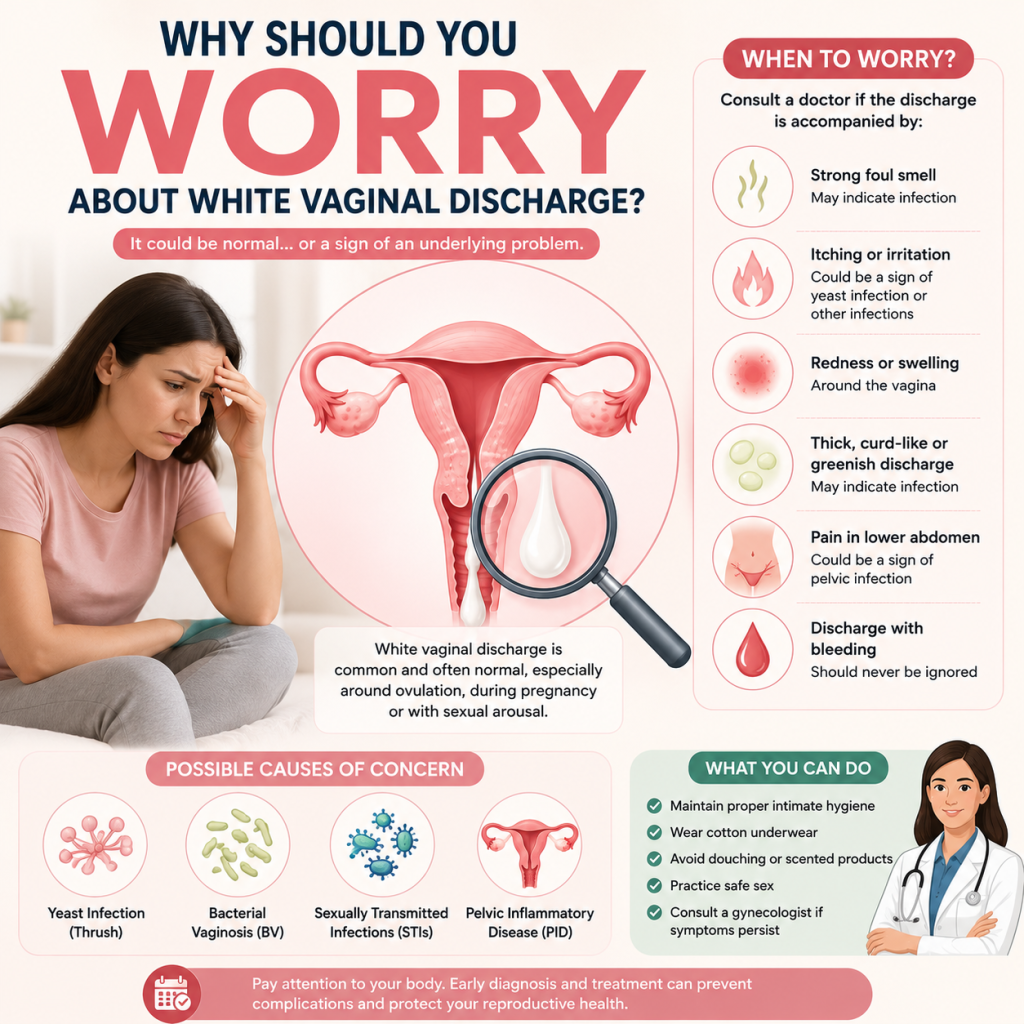 image - Shirdi Sai Hospital Medical infographic explaining when white vaginal discharge may be a cause for concern, featuring the female reproductive system, common warning signs such as unusual odor, itching, abnormal color, pain, and possible underlying causes including infections.