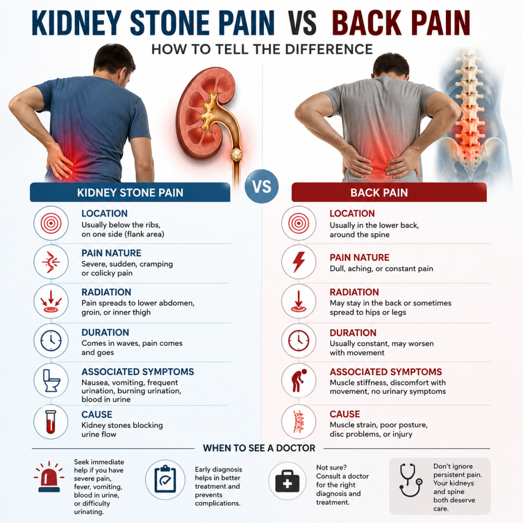 Medical infographic comparing kidney stone pain and back pain, showing differences in pain location, intensity, radiation, duration, associated symptoms, common causes, and when to seek medical attention.
