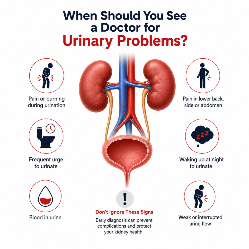 Medical infographic showing the human urinary system with common warning signs of urinary problems, including painful urination, frequent urination, blood in urine, lower back pain, nighttime urination, and weak urine flow, indicating when to see a doctor.