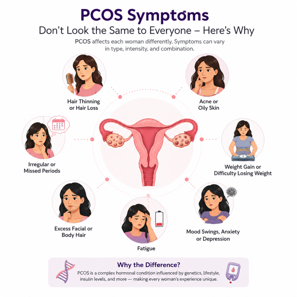 Illustration showing how PCOS symptoms vary from person to person, with an anatomical diagram of the uterus and ovaries surrounded by common symptoms including irregular periods, acne, hair thinning, excess facial hair, weight gain, fatigue, and mood changes.
