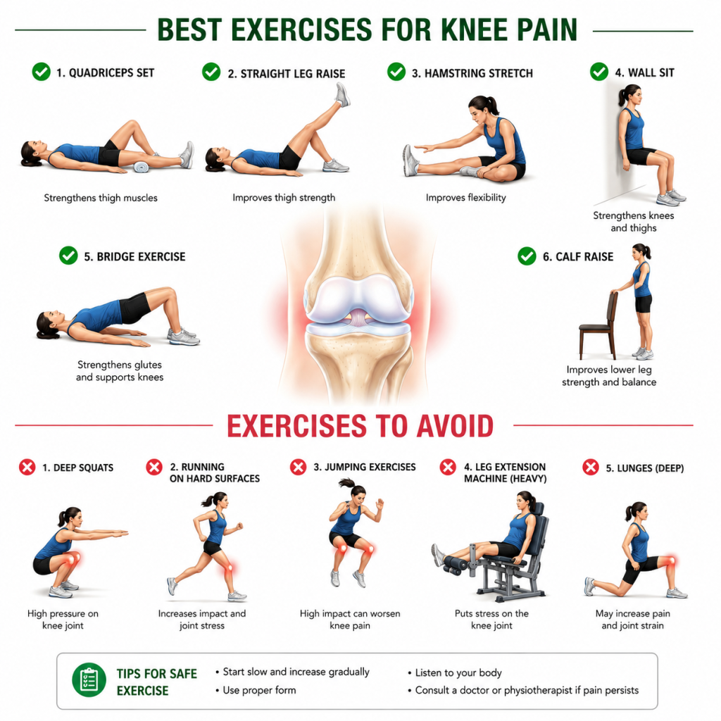 Illustrated infographic showing the best exercises for knee pain, including quadriceps sets, straight leg raises, hamstring stretches, wall sits, bridge exercises, and calf raises, alongside exercises to avoid such as deep squats, running on hard surfaces, jumping, heavy leg extensions, and deep lunges.
