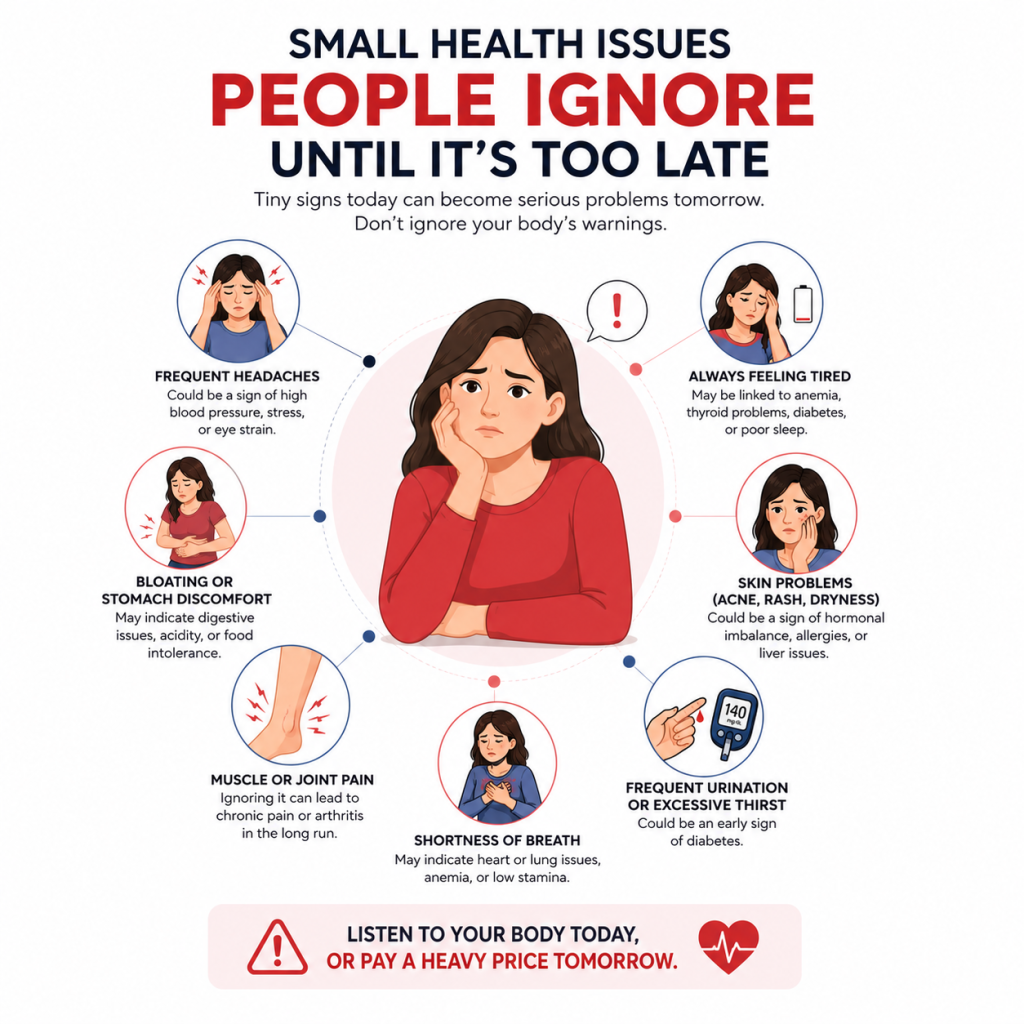 Medical infographic illustrating common minor health symptoms that people often ignore, including frequent headaches, fatigue, bloating, skin problems, muscle or joint pain, shortness of breath, and frequent urination, highlighting why early medical attention is important.