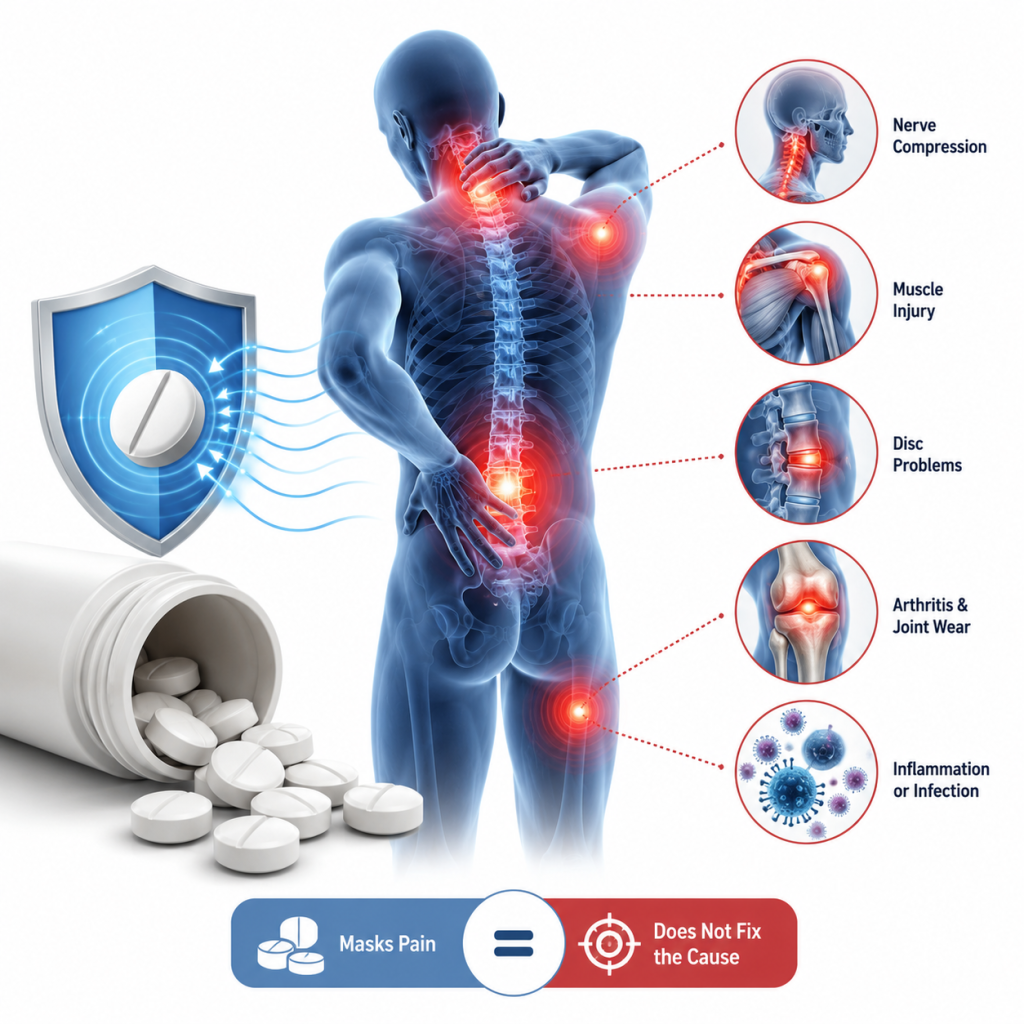 Medical anatomical illustration showing how painkillers relieve pain symptoms while underlying causes such as nerve compression, muscle injury, disc problems, arthritis, and inflammation remain untreated.
