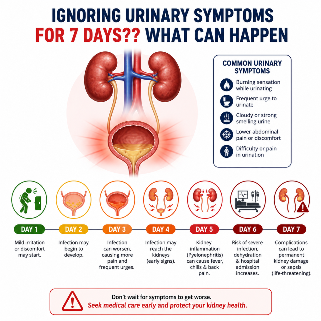 Medical infographic illustrating the urinary system and a 7-day timeline showing how ignoring urinary symptoms can progress from mild discomfort to kidney infection, hospitalization, and serious complications