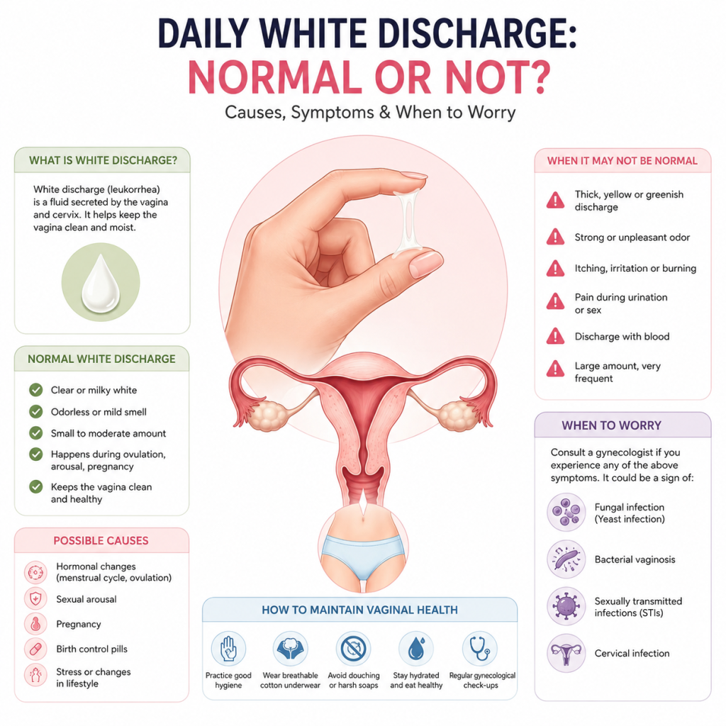 image - Shirdi Sai Hospital Medical anatomical illustration explaining daily white vaginal discharge, showing the female reproductive system with a comparison of normal and abnormal discharge, common causes, symptoms, warning signs, and when to seek medical attention on a clean white background.