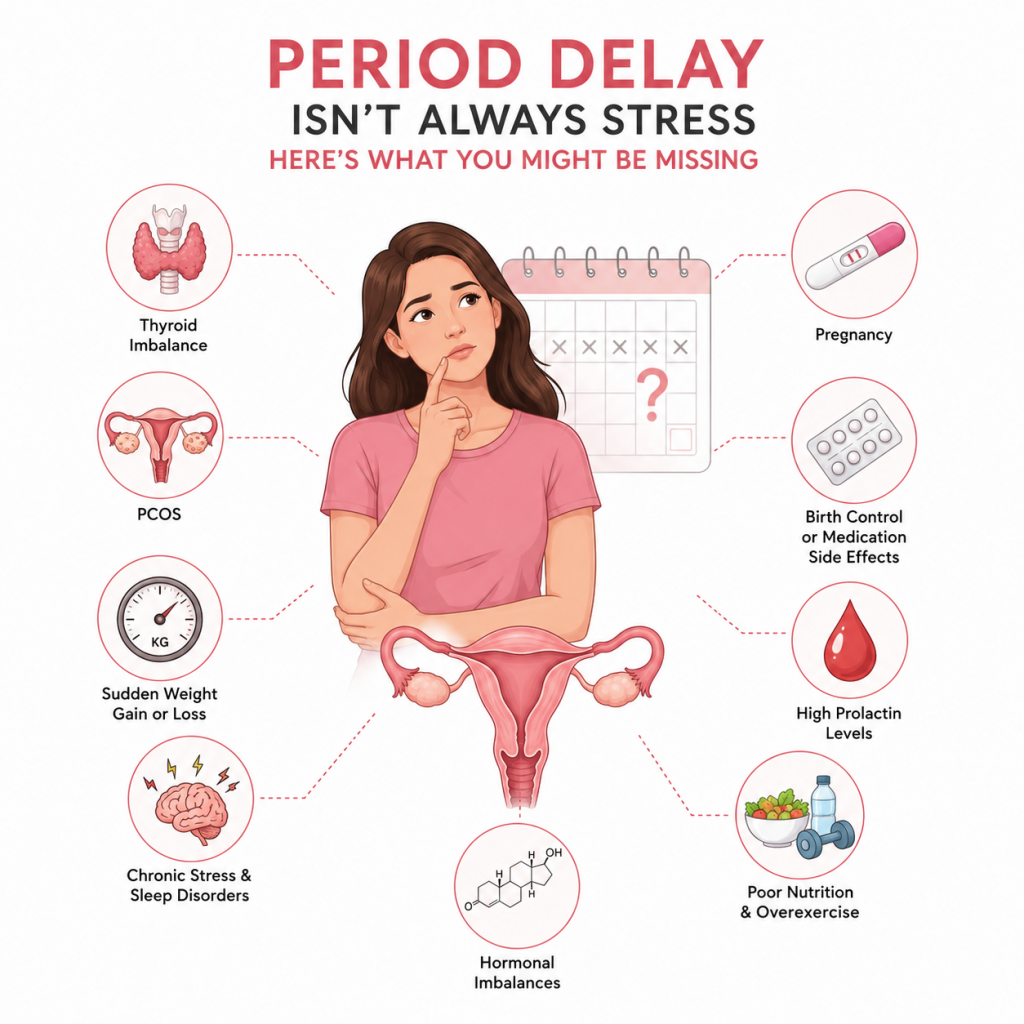 image - Shirdi Sai Hospital Illustration showing a woman with a delayed menstrual cycle surrounded by medical causes of late periods, including PCOS, thyroid disorders, pregnancy, hormonal imbalance, medication, weight changes, stress, and nutrition on a white background.