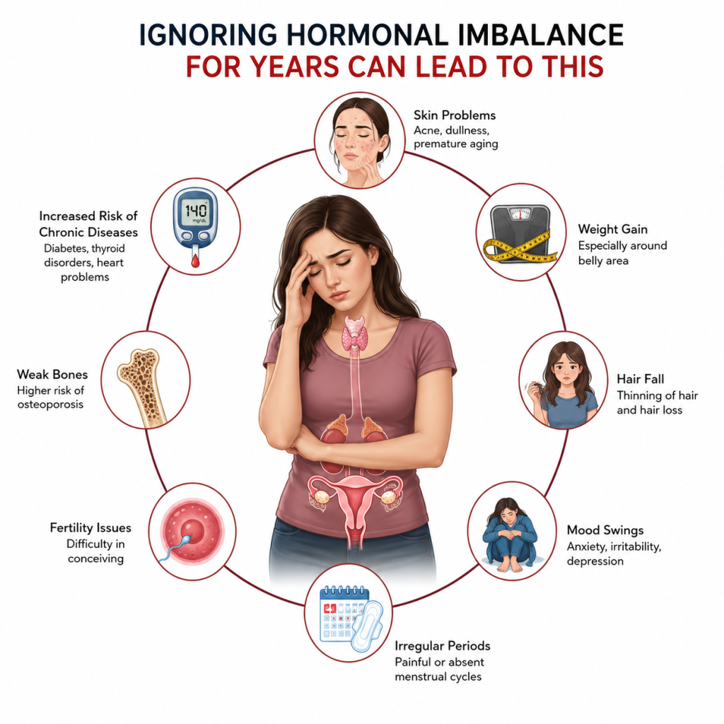 Medical infographic showing a woman with an anatomical illustration of the endocrine and reproductive systems, highlighting the long-term effects of ignoring hormonal imbalance, including irregular periods, fertility issues, weight gain, hair fall, mood swings, skin problems, weak bones, and increased risk of chronic diseases.