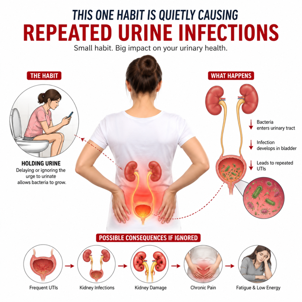 Medical infographic illustrating how the habit of holding urine can lead to repeated urinary tract infections (UTIs), showing the kidneys, ureters, bladder, bacterial growth, and potential complications such as kidney infection, kidney damage, chronic pain, and fatigue.