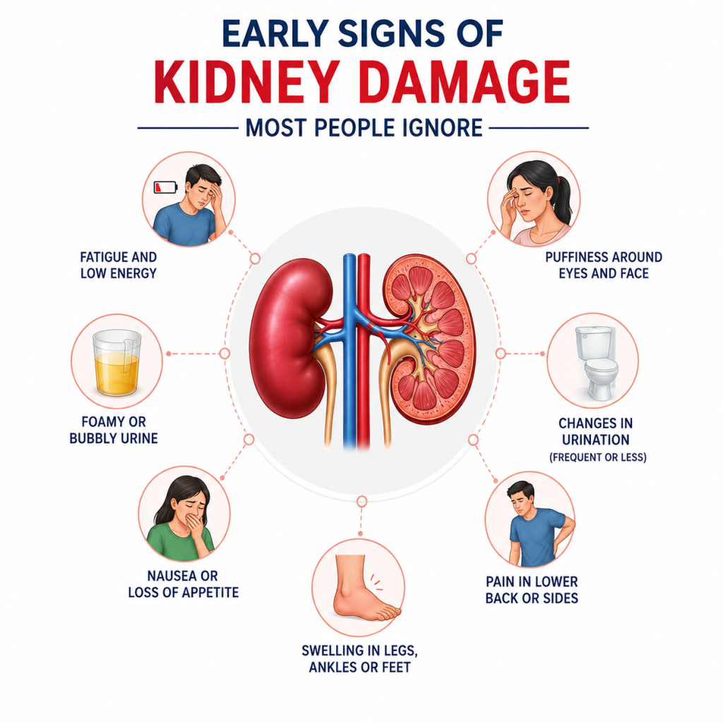 image - Shirdi Sai Hospital Medical infographic illustrating the early signs of kidney damage, including fatigue, puffiness around the eyes, foamy urine, changes in urination, nausea, lower back pain, and swelling in the legs and feet, with a detailed anatomical kidney illustration on a white background.