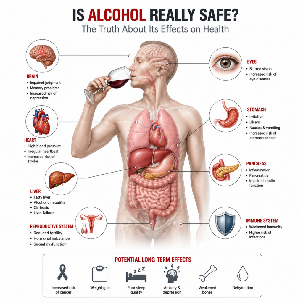 Medical infographic showing how alcohol affects the human body, highlighting its impact on the brain, heart, liver, stomach, pancreas, reproductive system, immune system, and long-term health risks including cancer, poor sleep, weakened bones, and dehydration.