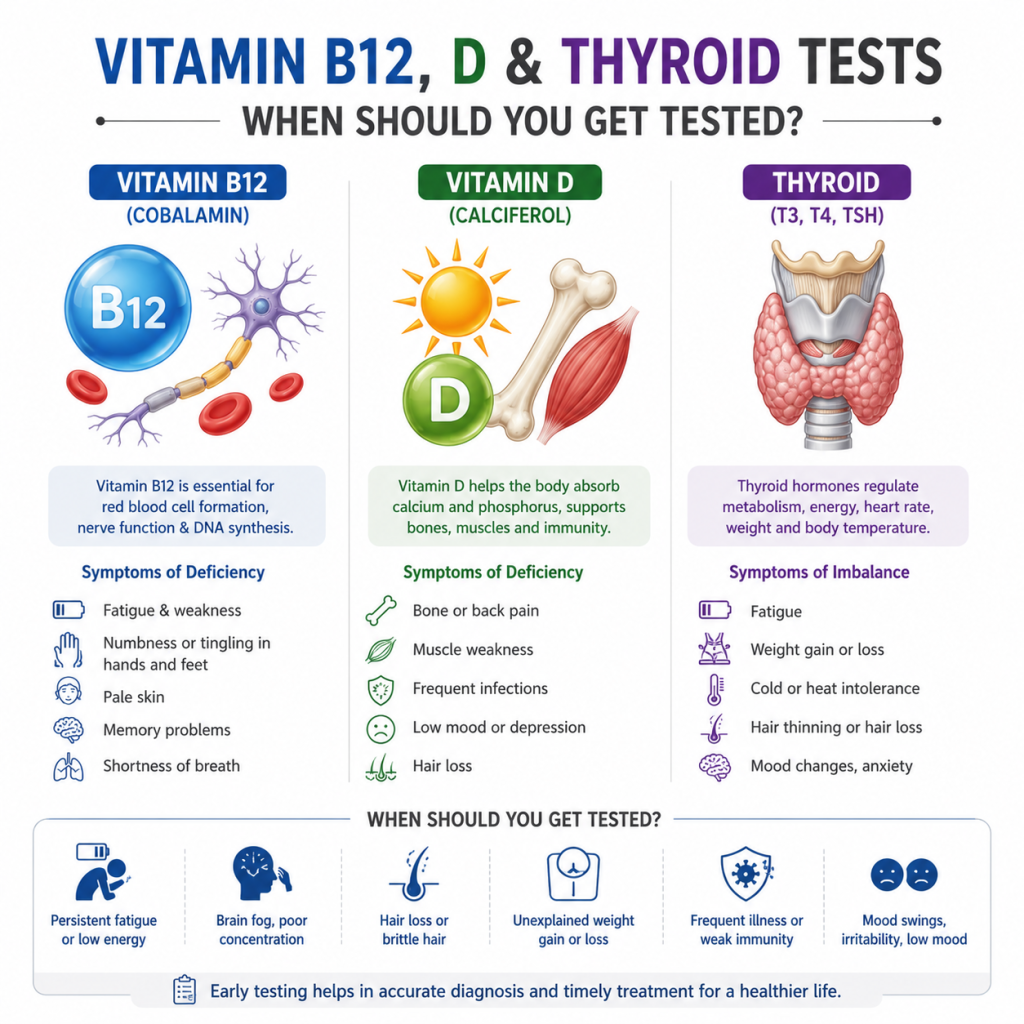 image - Shirdi Sai Hospital Medical infographic explaining Vitamin B12, Vitamin D, and thyroid tests, showing their functions, common deficiency symptoms, and signs indicating when testing may be needed, illustrated with anatomical visuals on a white background.