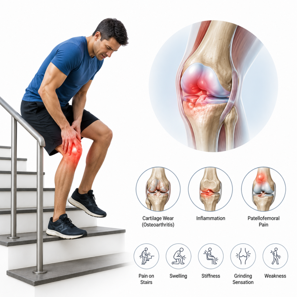 image - Shirdi Sai Hospital Illustration of a person experiencing knee pain while climbing stairs alongside an anatomical knee joint diagram highlighting cartilage wear, inflammation, patellofemoral pain, and common warning signs such as swelling, stiffness, grinding sensation, and weakness.